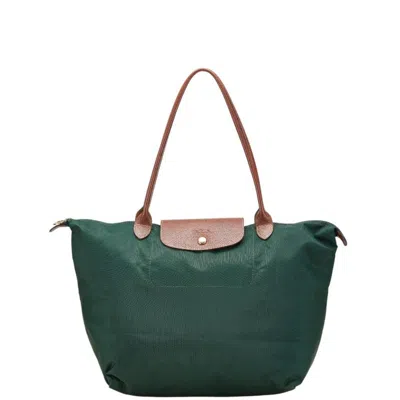 Pre-owned Longchamp Le Pliage Brown Green Nylon Leather Shoulder Bag Tote Bag () In Multi