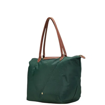 Pre-owned Longchamp Le Pliage Brown Green Nylon Leather Shoulder Bag Tote Bag () In Multi