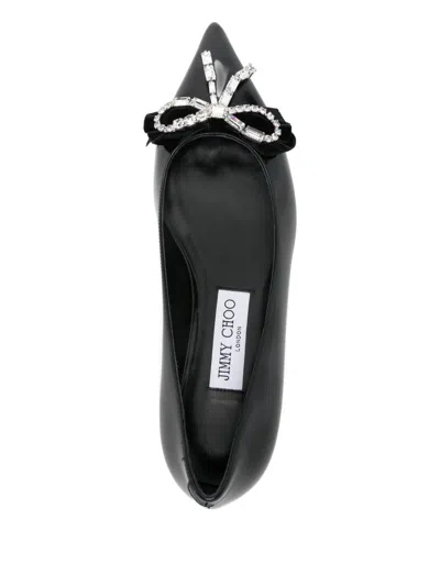 Jimmy Choo Leather Ballet Flats With Bow And Crystals In Black