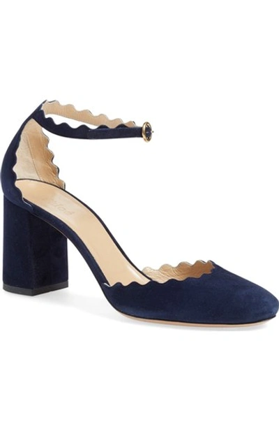 Shop Chloé Scalloped Ankle Strap D'orsay Pump In Dark Blue Suede