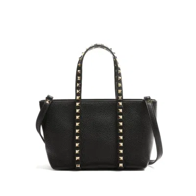 Valentino Garavani Rockstud Mini Tote In Hammered Leather In Black