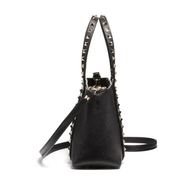 Valentino Garavani Rockstud Mini Tote In Hammered Leather In Black