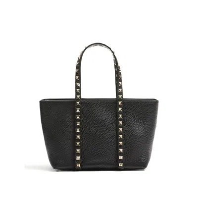 Valentino Garavani Rockstud Mini Tote In Hammered Leather In Black