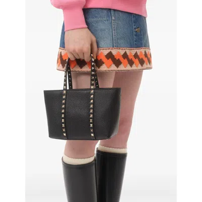 Valentino Garavani Rockstud Mini Tote In Hammered Leather In Black
