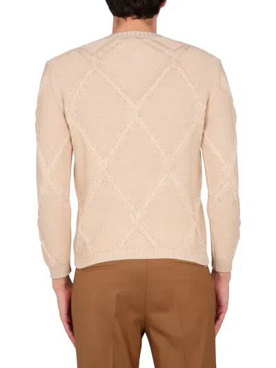 Ballantyne Cotton Cable Stitch Crew Neck Sweater In Neutral