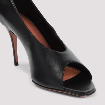 Amina Muaddi Black Calf Leather Bos Taurus Stiletto Heel Sandals In Black