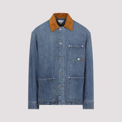 Bottega Veneta Men Blue Jacket With Suede Collar And Logo Patch In Denim Man