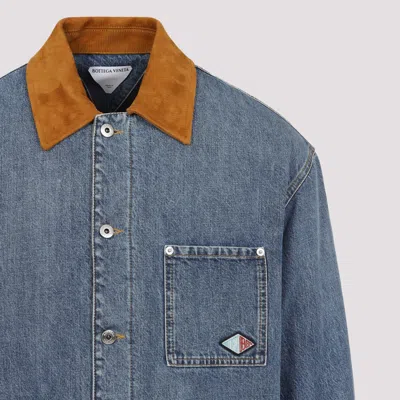 Bottega Veneta Men Blue Jacket With Suede Collar And Logo Patch In Denim Man