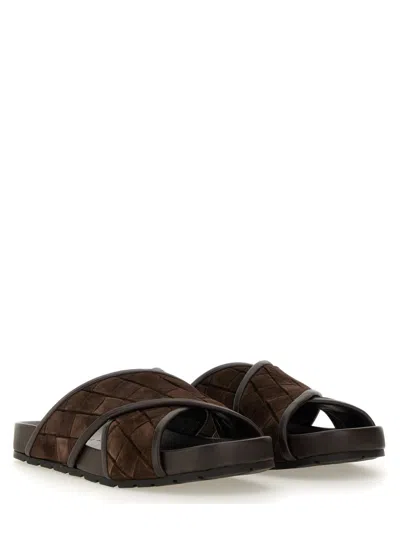 Bottega Veneta Tarik Intrecciato Suede Leather Slides In Brown