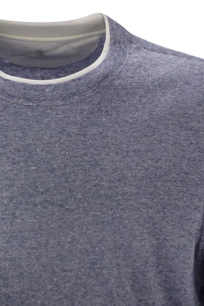 Brunello Cucinelli Crew-neck T-shirt In Linen And Cotton Jersey With Faux Layering In Gray