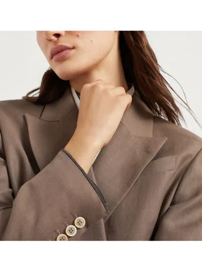 Brunello Cucinelli Fluid Viscose And Linen Twill Jacket With Shiny Cuffs In Brown