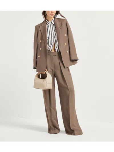 Brunello Cucinelli Fluid Viscose And Linen Twill Jacket With Shiny Cuffs In Brown