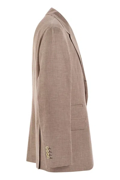 Brunello Cucinelli Houndstooth Wool, Linen And Silk Deconstructed Jacket In Brown