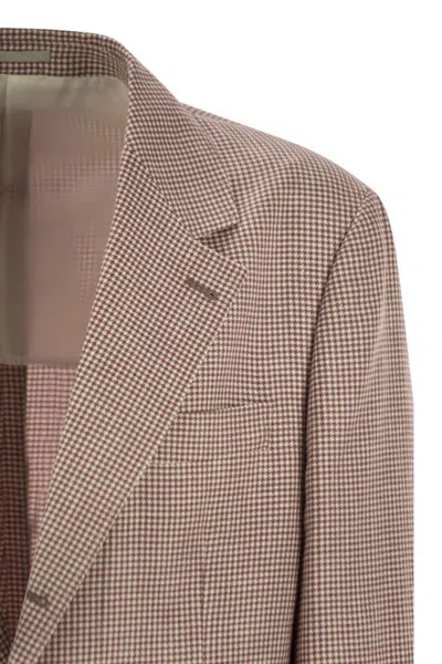 Brunello Cucinelli Houndstooth Wool, Linen And Silk Deconstructed Jacket In Brown