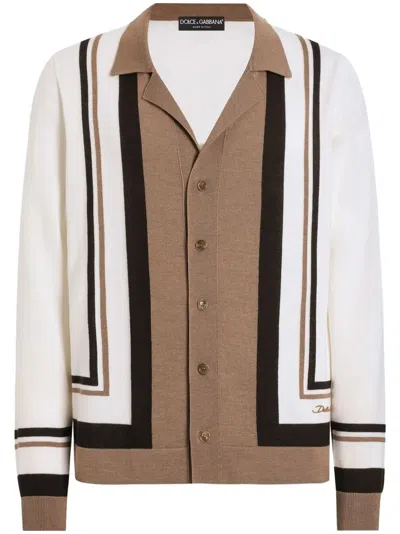 Dolce & Gabbana Wool Cardigan With Dg Embroidery In Neutrals