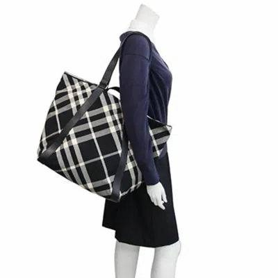 Pre-owned Burberry Black Cream Ivory Canvas Leather Tote Bag ()