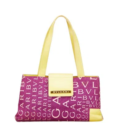 Pre-owned Bvlgari Logomania Purple Yellow Nylon Leather Tote Bag ()