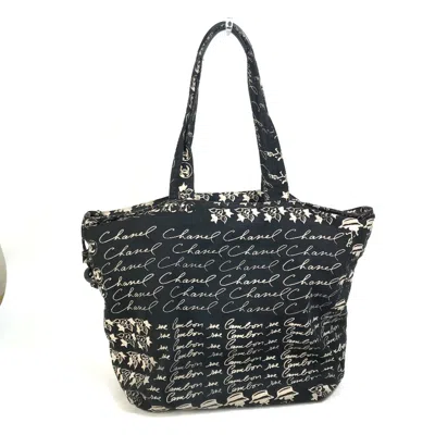 Pre-owned Chanel Beige Black Canvas Shoulder Bag Tote Bag () In Multi