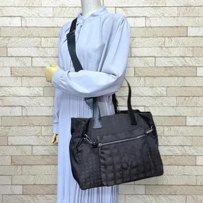 Pre-owned Chanel Black Brown Nylon Jacquard Tote Bag () In Multi