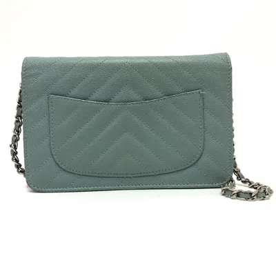 Pre-owned Chanel Blue Grained Calfskin Chain/shoulder Wallet ()