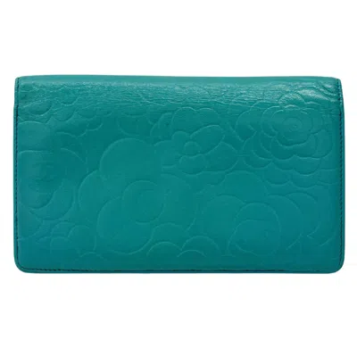 Pre-owned Chanel Camellia Blue Leather Long Wallet (bi-fold) ()