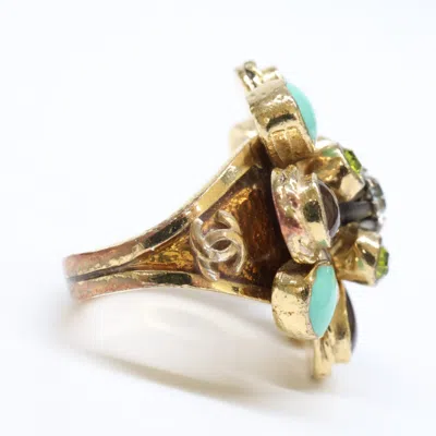 Pre-owned Chanel Gold Brown Green Metal Band Ring ()