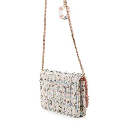 Pre-owned Chanel Matelasse Blue Pink White Tweed Chain/shoulder Wallet ()