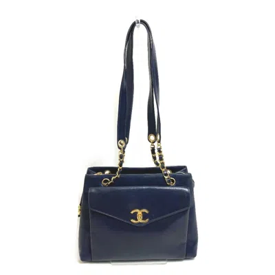 Pre-owned Chanel Navy Leather Shoulder Bag Tote Bag () In Blue