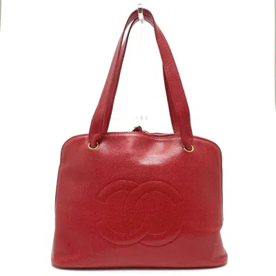 Pre-owned Chanel Red Color Grained Calfskin Shoulder Bag Tote Bag ()