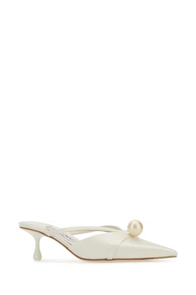 Jimmy Choo Satin Mules With Pearl Detail And Kitten Heel In Neutral