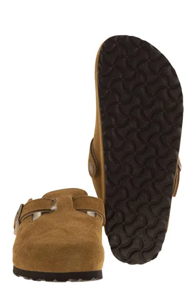Birkenstock Boston Suede Mule With Fur Lining Shoes In Brown