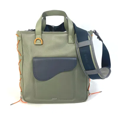Pre-owned Dior Christian  Khaki Orange Nylon Leather Shoulder Bag Tote Bag ()