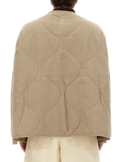 Jw Anderson Beige Crewneck Jacket With Quilted Design On The Front And Logo Embroidery On The Rear In Fabric Man In Neutral