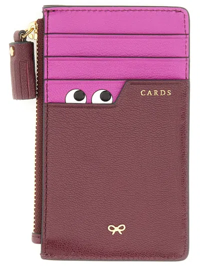 Anya Hindmarch Peeping Eyes Card Holder With Zipper In Burgundy