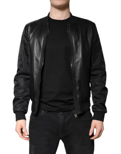 Pre-owned Dolce & Gabbana Black Lambskin Leather Biker Full Zip Men's Jacket ()
