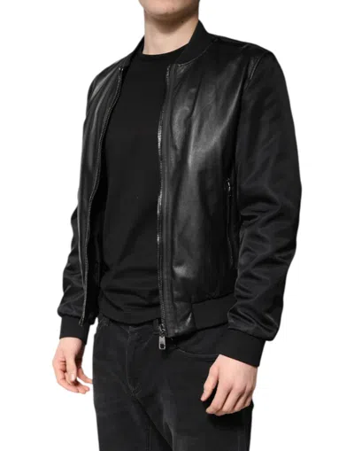 Pre-owned Dolce & Gabbana Black Lambskin Leather Biker Full Zip Men's Jacket ()