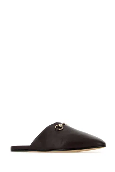 Gucci Dark Brown Nappa Leather Slippers In Brown