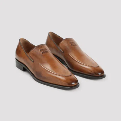 Miu Miu Brown Calf Leather Loafers In Brown