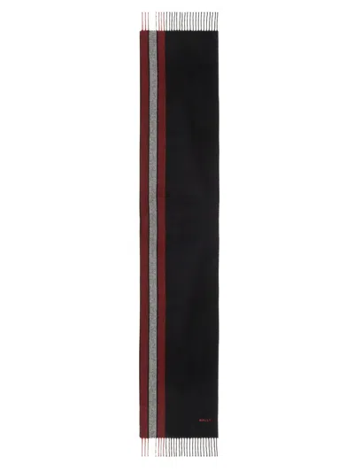 Bally Long Rectangular Black Scarf With Burgundy In Black