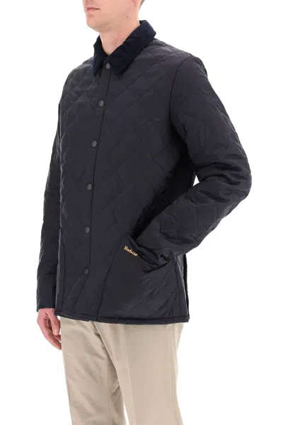 Barbour Heritage Liddesdale Blue Jacket With Classic Corduroy Collar And Logo Lettering On The Front In Tech In Blue