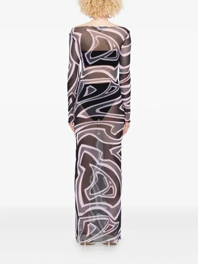 Pucci Maxi Dress With Abstract Pattern And Long Sleeves In White