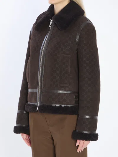 Gucci Suede Leather And Shearling Jacket In Burgundy