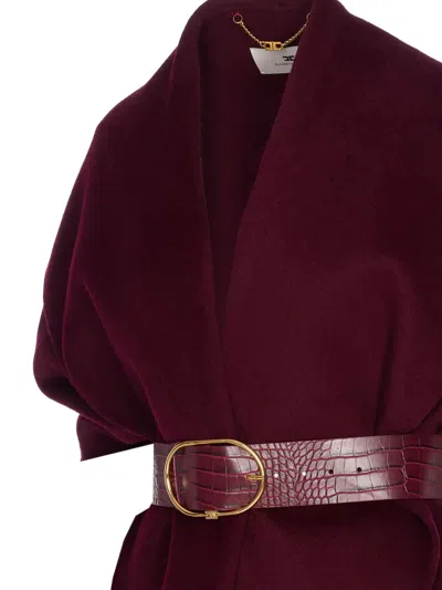 Elisabetta Franchi Structured Bordeaux Coat With Textured Belt In Burgundy