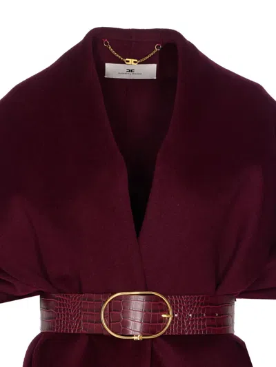 Elisabetta Franchi Structured Bordeaux Coat With Textured Belt In Burgundy