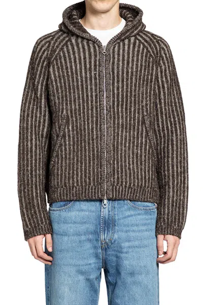 Our Legacy Mens Level Ribbed Wool Hoodie Vanise Brown Stripe In Gray