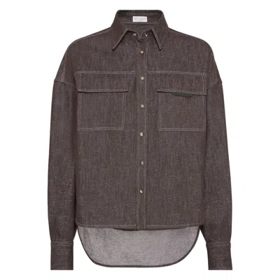 Brunello Cucinelli Cotton Blend Shirt Metallic Finish In Brown
