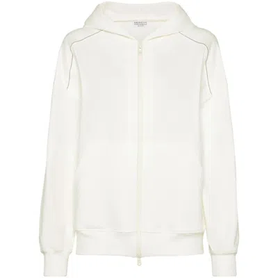 Brunello Cucinelli White Shiny Trims Zip-up Hoodie In White