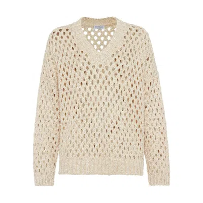 Brunello Cucinelli Beige Silk And Linen Dazzling Net Sweater In Neutral