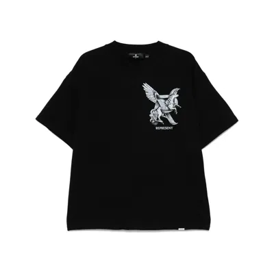Represent Elegance Unicorn Black Crewneck T-shirt With Logo Print On The Front And Maxi Print On The Rear In C In Black
