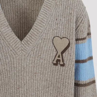 Ami Alexandre Mattiussi Ribbed Knit Sweater With Heart Patch In Neutral